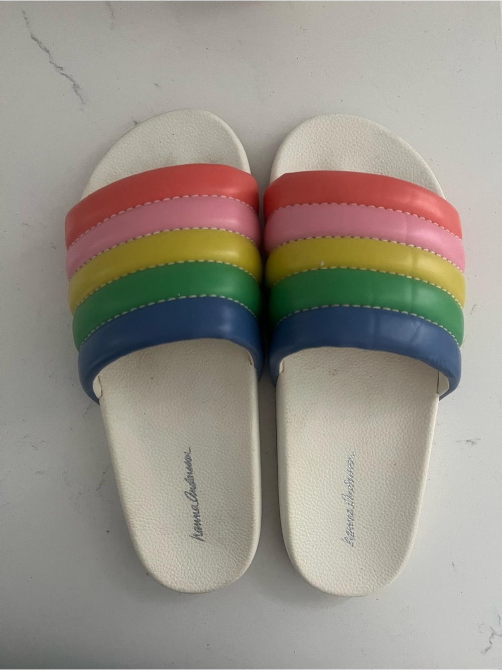 Hanna Andersson White Slides with Rainbow Straps